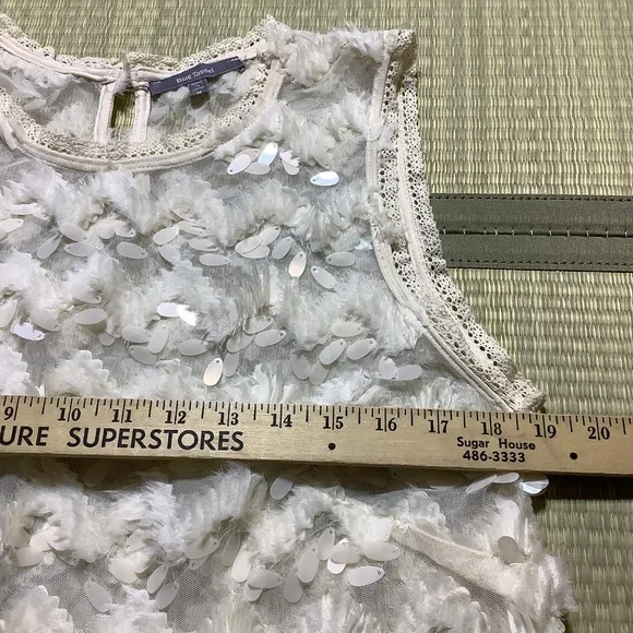 Anthropologie Blue Tassel Sleeveless Cream Top with Disk Sequins - Picture 3 of 8